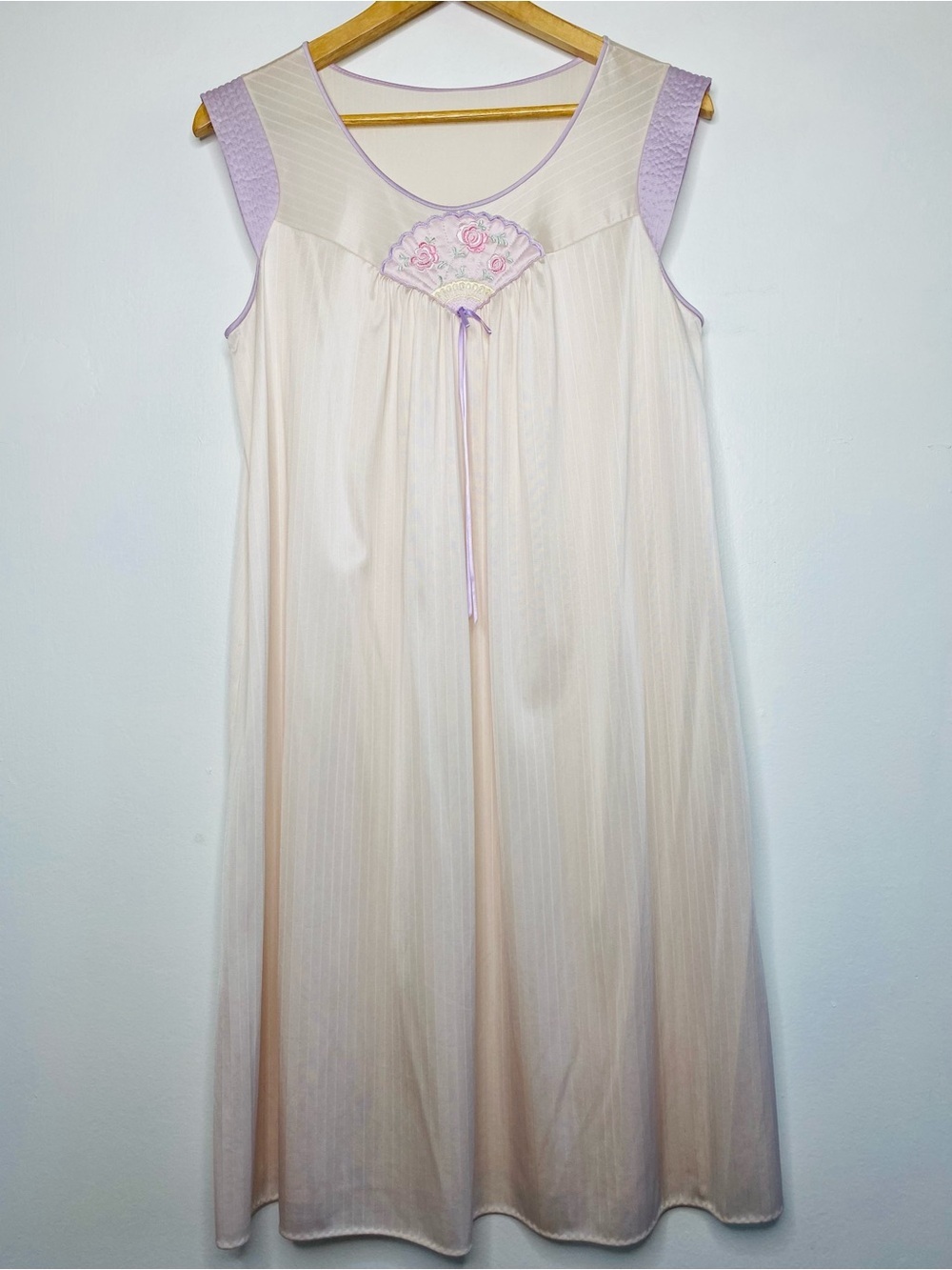 Vintage Nylon Midi Nightgown Size Medium Embroidered Pinstriped Retro
